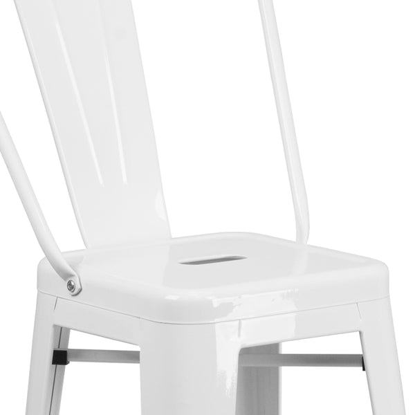 White |#| 30inch High White Metal Indoor-Outdoor Barstool with Back - Kitchen Furniture