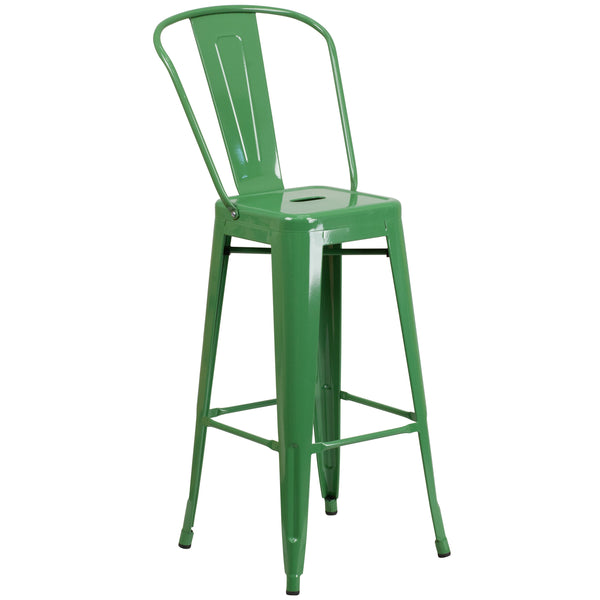 Green |#| 30inch High Green Metal Indoor-Outdoor Barstool with Back - Kitchen Furniture
