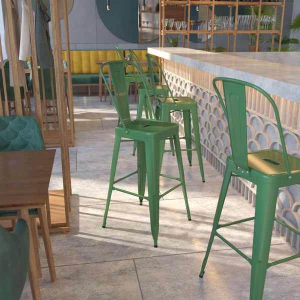Green |#| 30inch High Green Metal Indoor-Outdoor Barstool with Back - Kitchen Furniture