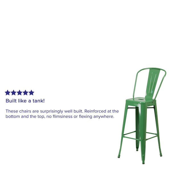 Green |#| 30inch High Green Metal Indoor-Outdoor Barstool with Back - Kitchen Furniture