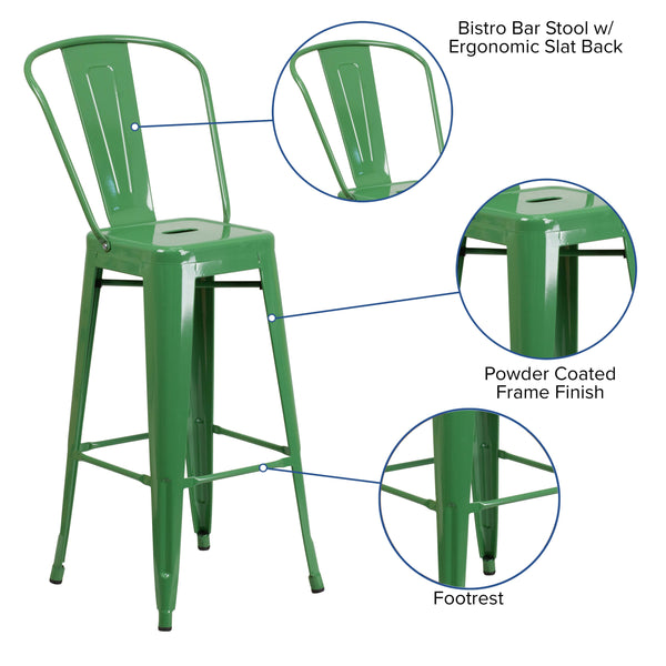 Green |#| 30inch High Green Metal Indoor-Outdoor Barstool with Back - Kitchen Furniture