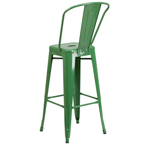 Green |#| 30inch High Green Metal Indoor-Outdoor Barstool with Back - Kitchen Furniture