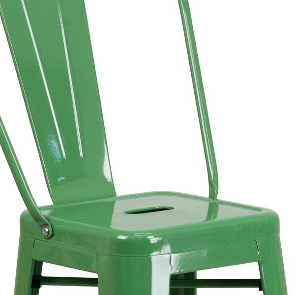 Green |#| 30inch High Green Metal Indoor-Outdoor Barstool with Back - Kitchen Furniture