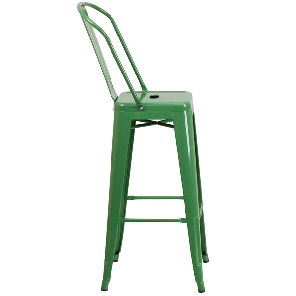 Green |#| 30inch High Green Metal Indoor-Outdoor Barstool with Back - Kitchen Furniture