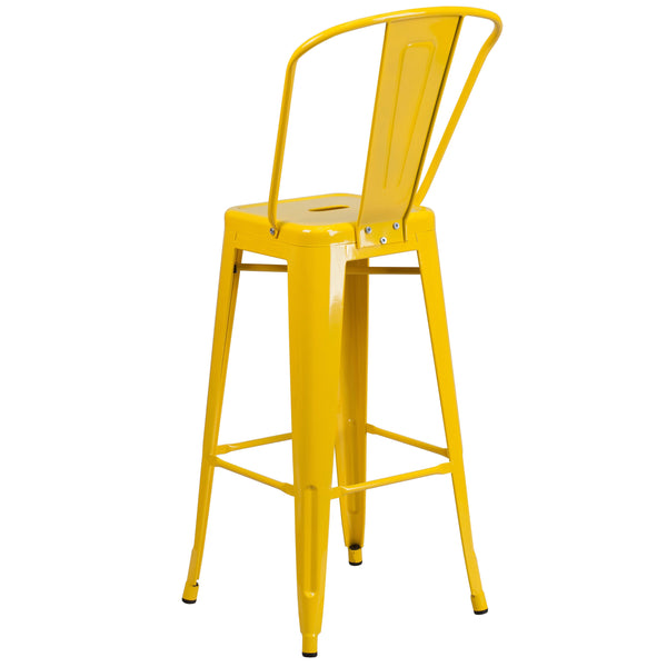 Yellow |#| 30inch High Yellow Metal Indoor-Outdoor Barstool with Back - Kitchen Furniture
