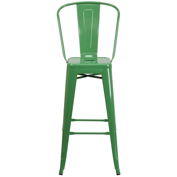 Green |#| 30inch High Green Metal Indoor-Outdoor Barstool with Back - Kitchen Furniture