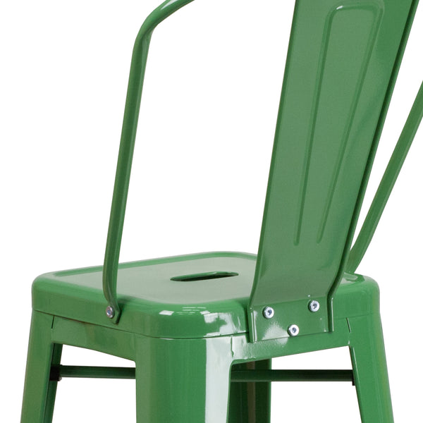 Green |#| 30inch High Green Metal Indoor-Outdoor Barstool with Back - Kitchen Furniture