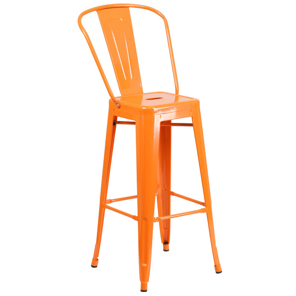 Orange |#| 30inch High Orange Metal Indoor-Outdoor Barstool with Back - Kitchen Furniture
