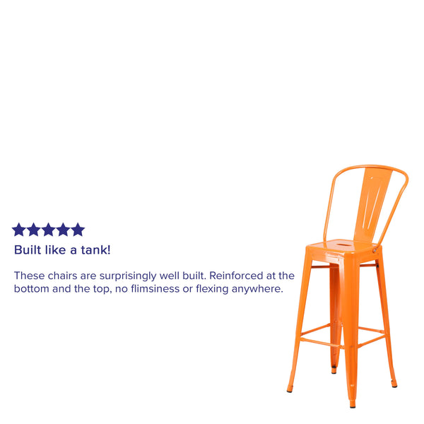 Orange |#| 30inch High Orange Metal Indoor-Outdoor Barstool with Back - Kitchen Furniture