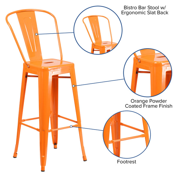 Orange |#| 30inch High Orange Metal Indoor-Outdoor Barstool with Back - Kitchen Furniture