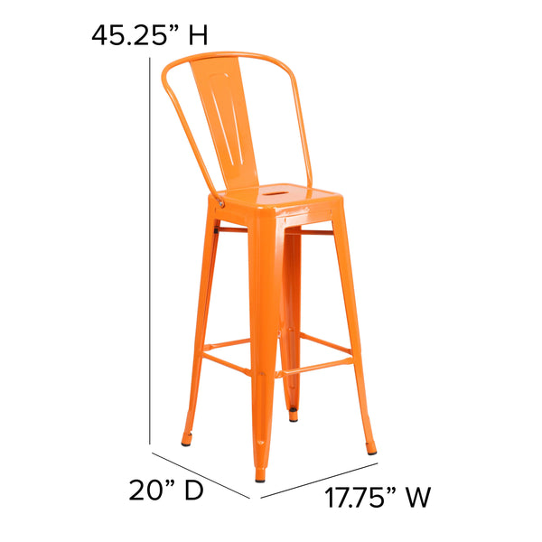 Orange |#| 30inch High Orange Metal Indoor-Outdoor Barstool with Back - Kitchen Furniture