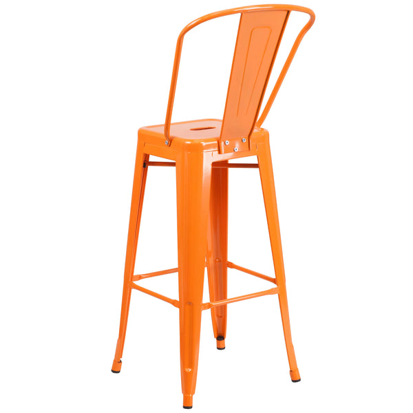 Orange |#| 30inch High Orange Metal Indoor-Outdoor Barstool with Back - Kitchen Furniture