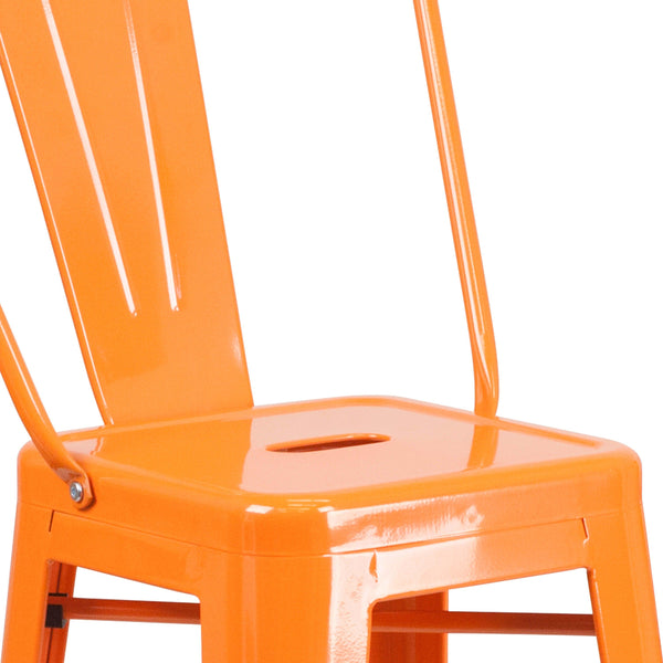 Orange |#| 30inch High Orange Metal Indoor-Outdoor Barstool with Back - Kitchen Furniture