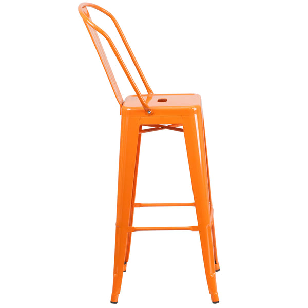 Orange |#| 30inch High Orange Metal Indoor-Outdoor Barstool with Back - Kitchen Furniture
