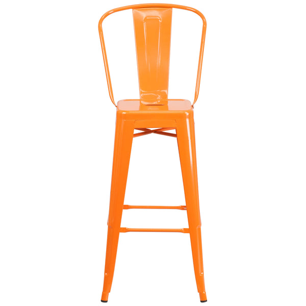 Orange |#| 30inch High Orange Metal Indoor-Outdoor Barstool with Back - Kitchen Furniture