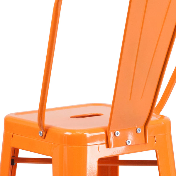 Orange |#| 30inch High Orange Metal Indoor-Outdoor Barstool with Back - Kitchen Furniture