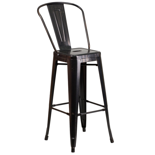 Black-Antique Gold |#| 30inch High Black-Antique Gold Metal Indoor-Outdoor Barstool with Back - Kitchen