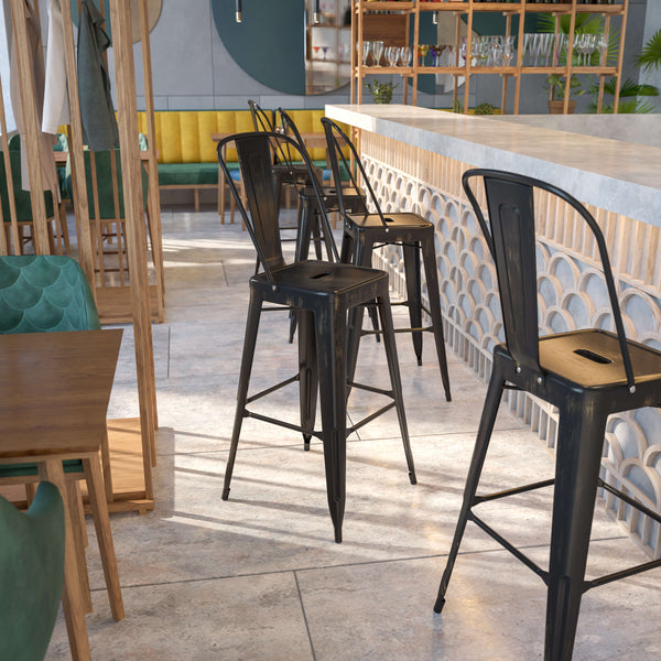 Black-Antique Gold |#| 30inch High Black-Antique Gold Metal Indoor-Outdoor Barstool with Back - Kitchen