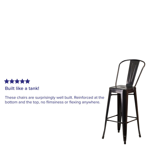 Black-Antique Gold |#| 30inch High Black-Antique Gold Metal Indoor-Outdoor Barstool with Back - Kitchen
