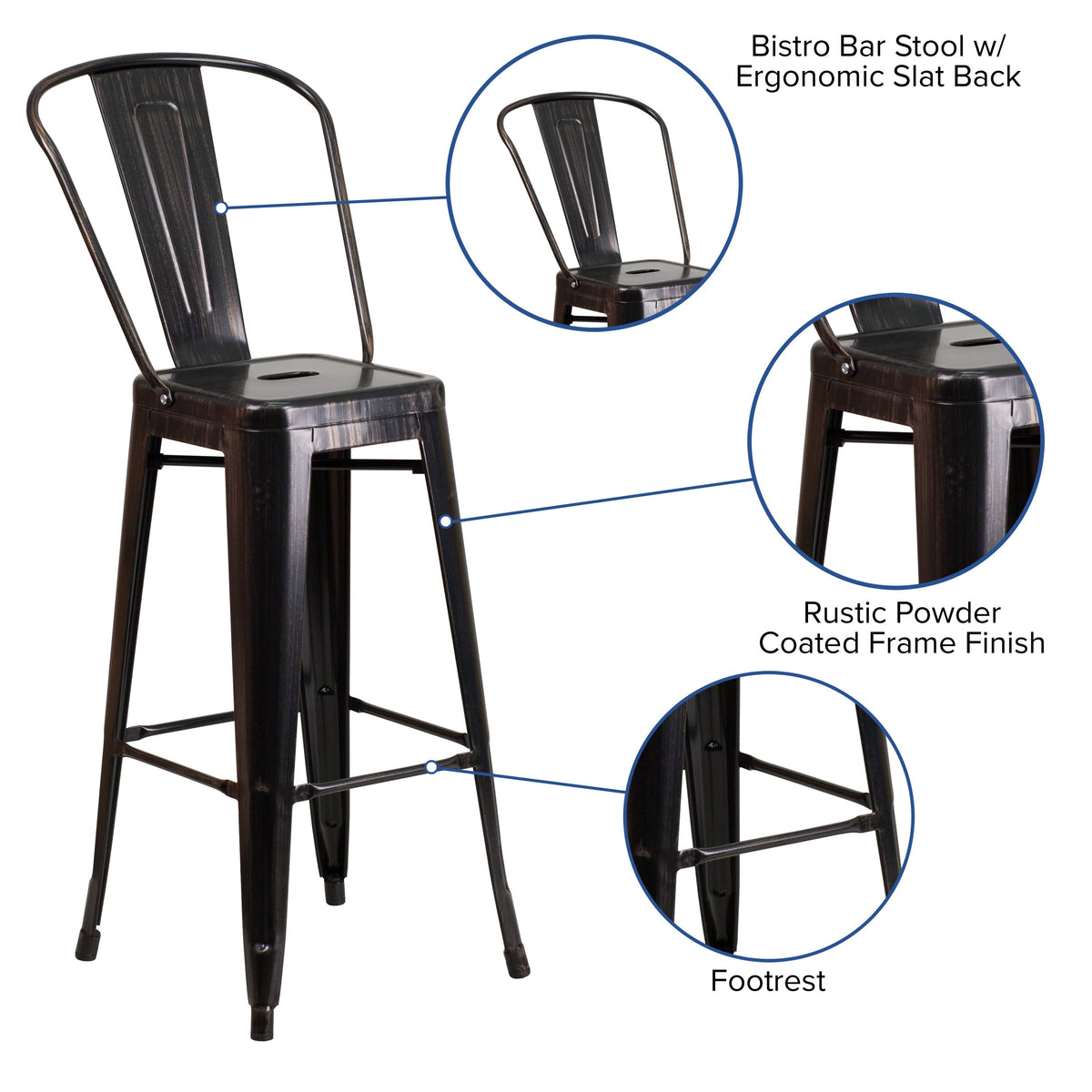 Black-Antique Gold |#| 30inch High Black-Antique Gold Metal Indoor-Outdoor Barstool with Back - Kitchen