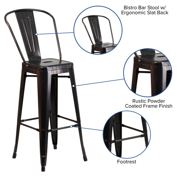 Black-Antique Gold |#| 30inch High Black-Antique Gold Metal Indoor-Outdoor Barstool with Back - Kitchen