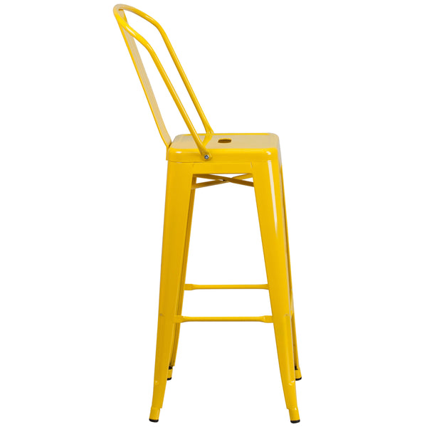 Yellow |#| 30inch High Yellow Metal Indoor-Outdoor Barstool with Back - Kitchen Furniture