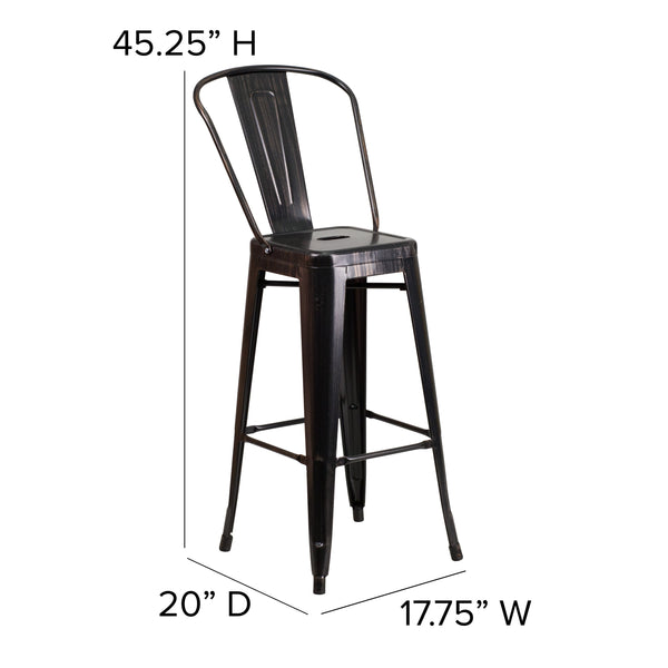 Black-Antique Gold |#| 30inch High Black-Antique Gold Metal Indoor-Outdoor Barstool with Back - Kitchen
