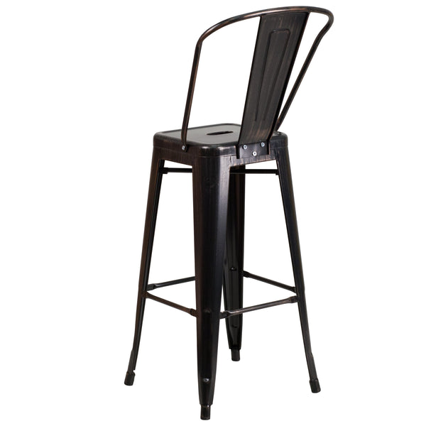 Black-Antique Gold |#| 30inch High Black-Antique Gold Metal Indoor-Outdoor Barstool with Back - Kitchen