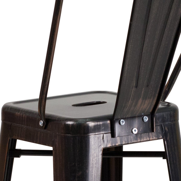 Black-Antique Gold |#| 30inch High Black-Antique Gold Metal Indoor-Outdoor Barstool with Back - Kitchen