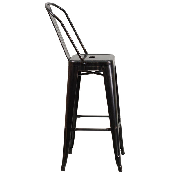 Black-Antique Gold |#| 30inch High Black-Antique Gold Metal Indoor-Outdoor Barstool with Back - Kitchen