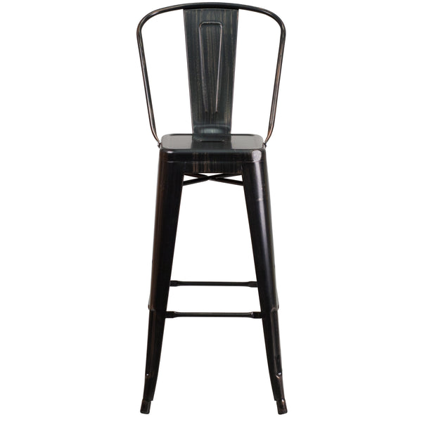 Black-Antique Gold |#| 30inch High Black-Antique Gold Metal Indoor-Outdoor Barstool with Back - Kitchen