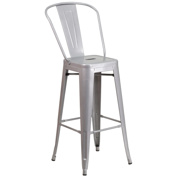 Silver |#| 30inch High Silver Metal Indoor-Outdoor Barstool with Back - Kitchen Furniture