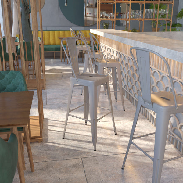 Silver |#| 30inch High Silver Metal Indoor-Outdoor Barstool with Back - Kitchen Furniture