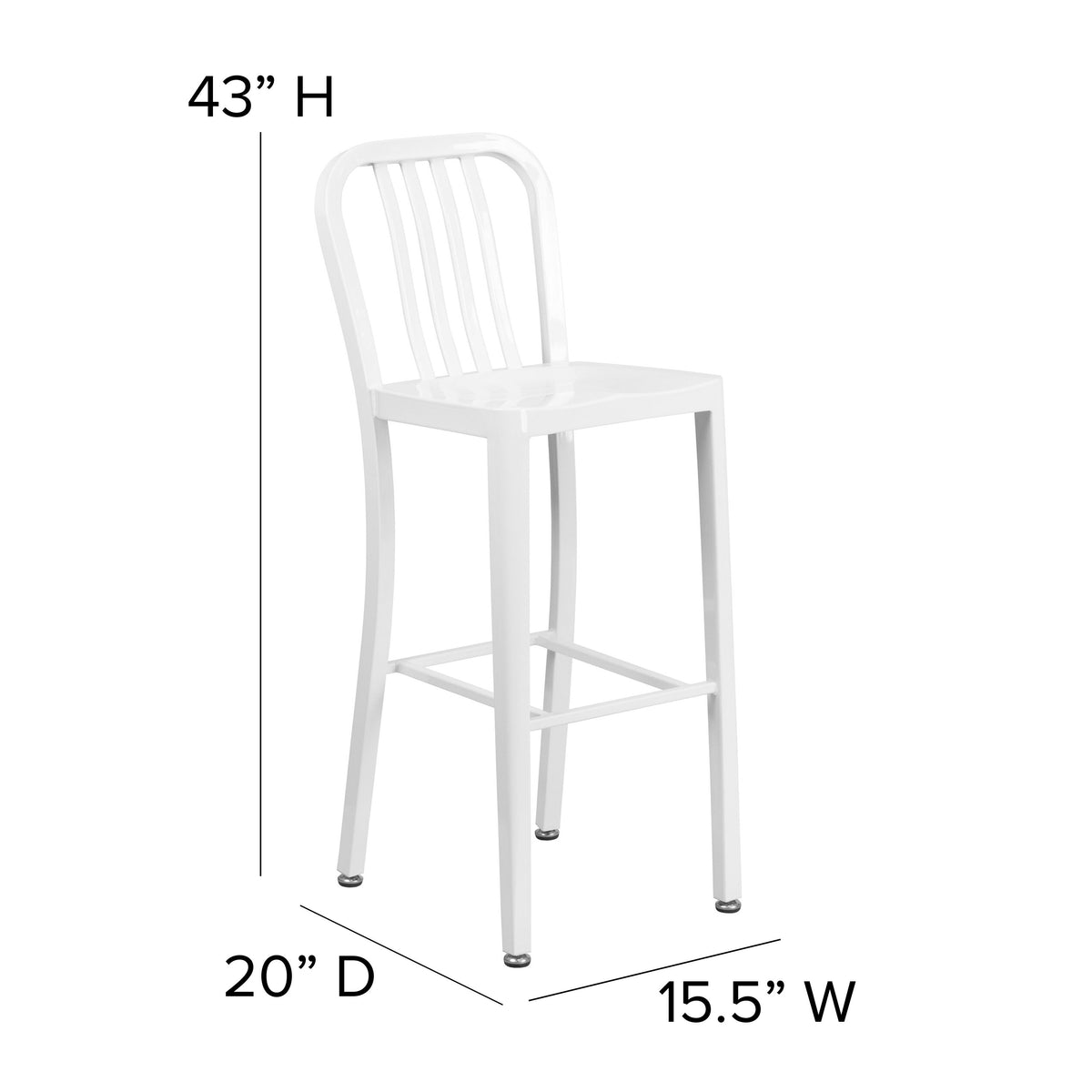 White |#| 30inch High White Metal Indoor-Outdoor Barstool with Vertical Slat Back
