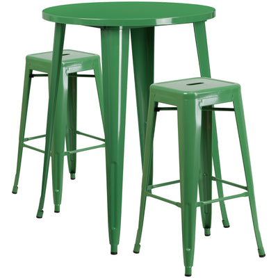 Commercial Grade 30" Round Metal Indoor-Outdoor Bar Table Set with 2 Square Seat Backless Stools - View 1