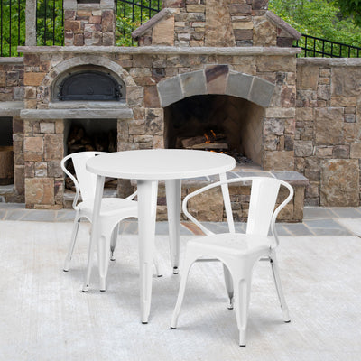 Commercial Grade 30" Round Metal Indoor-Outdoor Table Set with 2 Arm Chairs - View 2