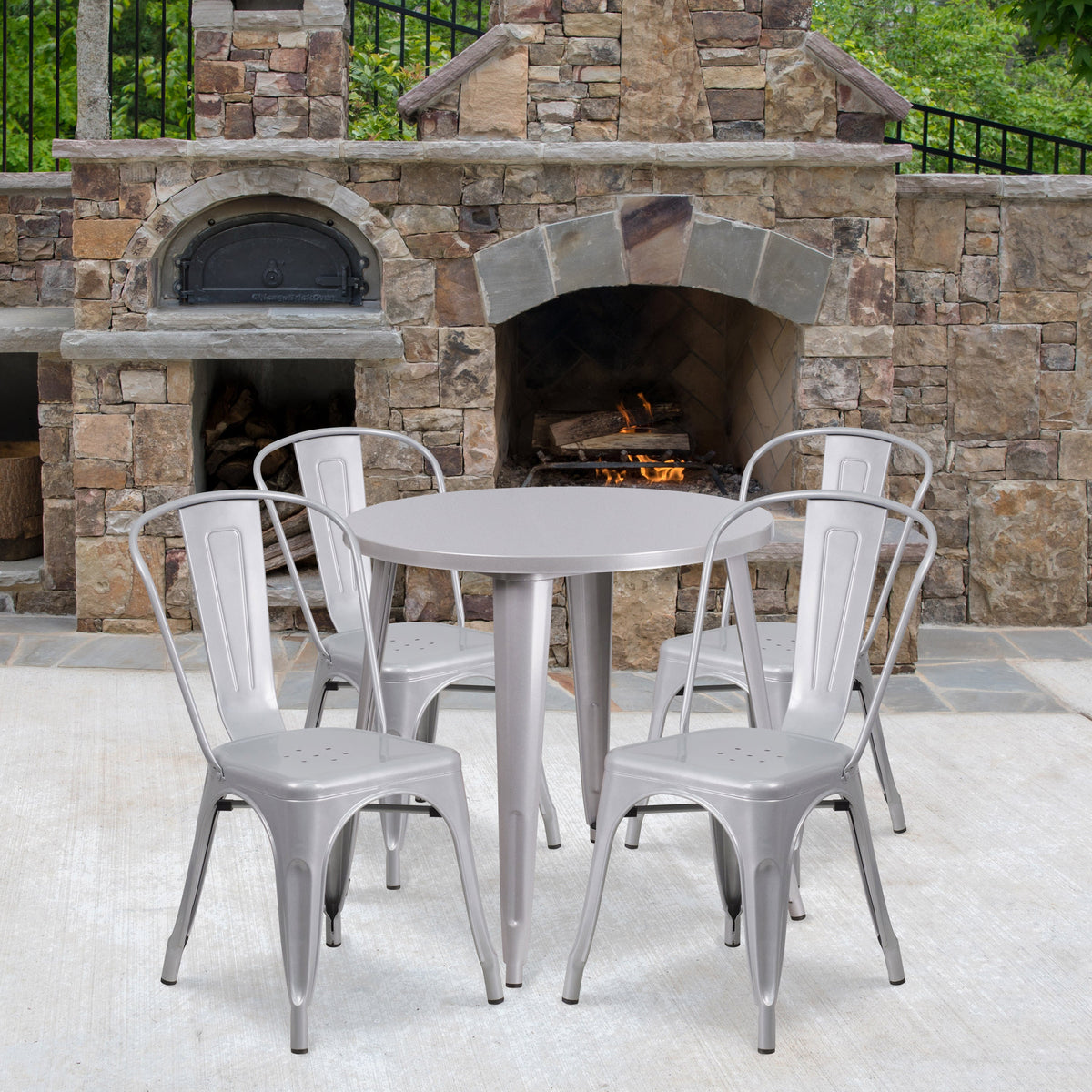 Silver |#| 30inch Round Silver Metal Indoor-Outdoor Table Set with 4 Cafe Chairs