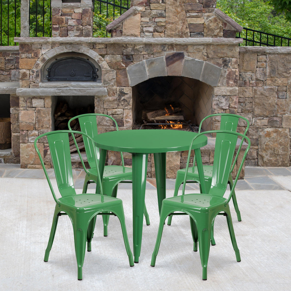 Green |#| 30inch Round Green Metal Indoor-Outdoor Table Set with 4 Cafe Chairs