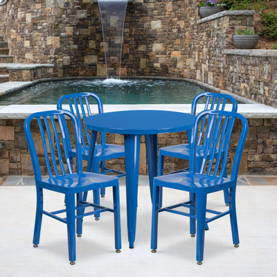 Commercial Grade 30" Round Metal Indoor-Outdoor Table Set with 4 Vertical Slat Back Chairs - View 2