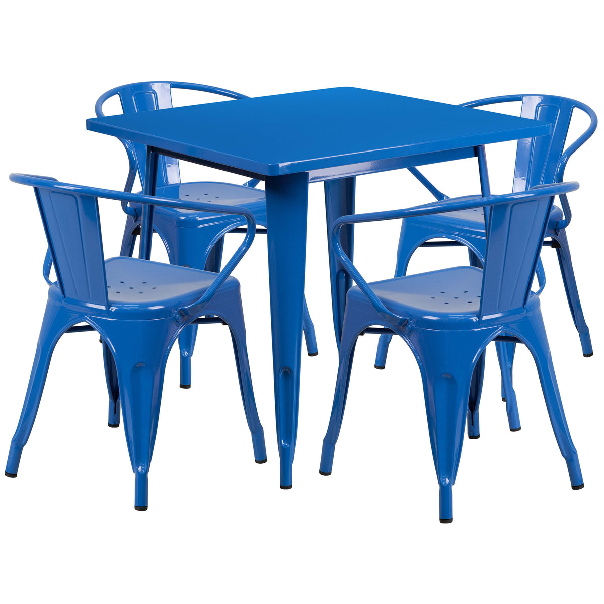 Blue |#| 31.5inch Square Blue Metal Indoor-Outdoor Table Set with 4 Arm Chairs