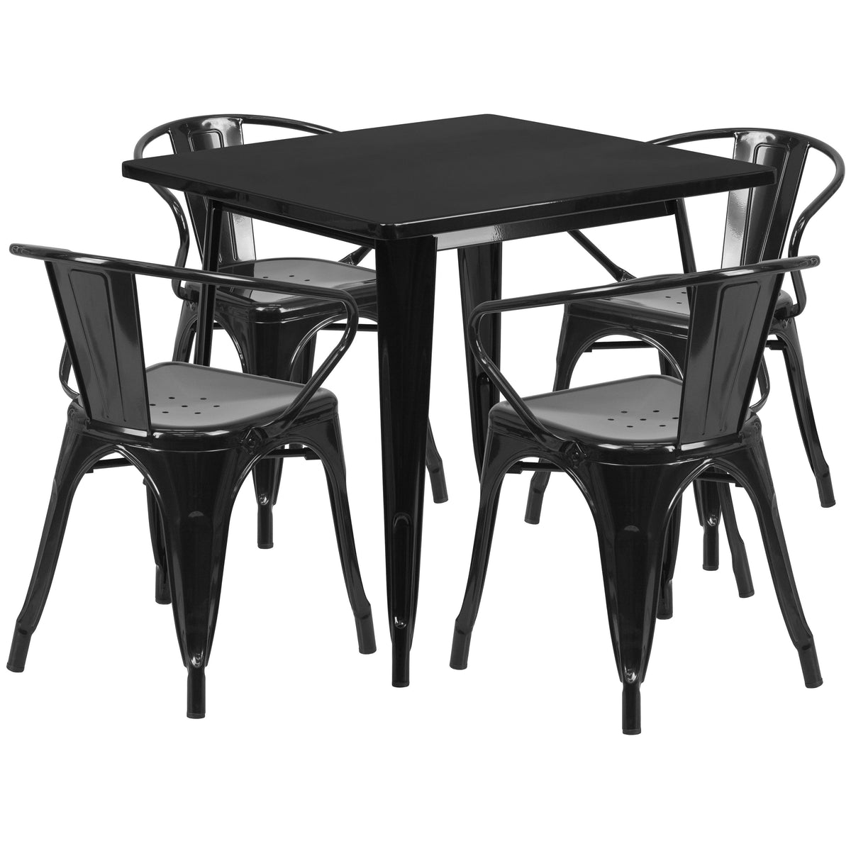 Black |#| 31.5inch Square Black Metal Indoor-Outdoor Table Set with 4 Arm Chairs