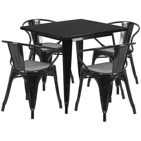 Black |#| 31.5inch Square Black Metal Indoor-Outdoor Table Set with 4 Arm Chairs