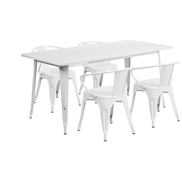 White |#| 31.5inch x 63inch Rectangular White Metal Indoor-Outdoor Table Set with 4 Arm Chairs