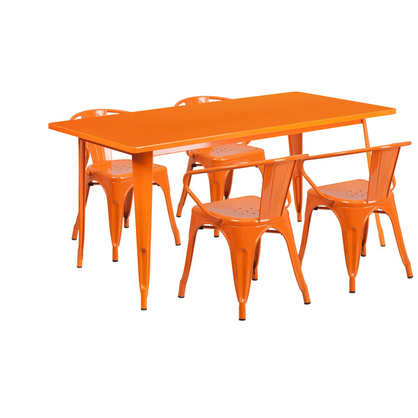 Orange |#| 31.5inch x 63inch Rectangular Orange Metal Indoor-Outdoor Table Set with 4 Arm Chairs