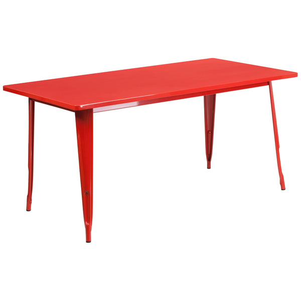 Red |#| 31.5inch x 63inch Rectangular Red Metal Indoor-Outdoor Table Set with 4 Arm Chairs