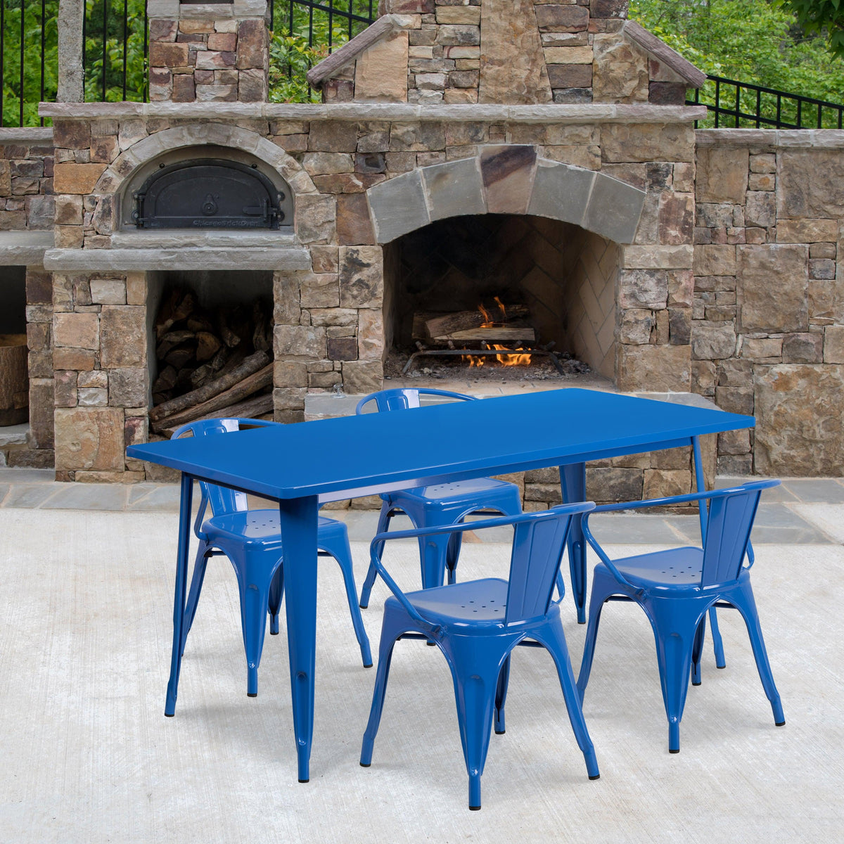 Blue |#| 31.5inch x 63inch Rectangular Blue Metal Indoor-Outdoor Table Set with 4 Arm Chairs