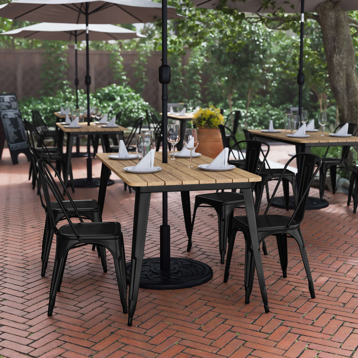 Brown/Black |#| 30x60 Commercial Poly Resin Restaurant Table with Umbrella Hole - Brown/Black