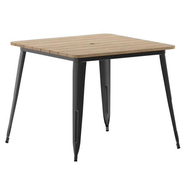 black patio dining table with umbrella hole Declan Commercial Indoor/Outdoor Dining Table with Umbrella Hole, 36" Square All Weather Brown Poly Resin Top and Black Steel Base