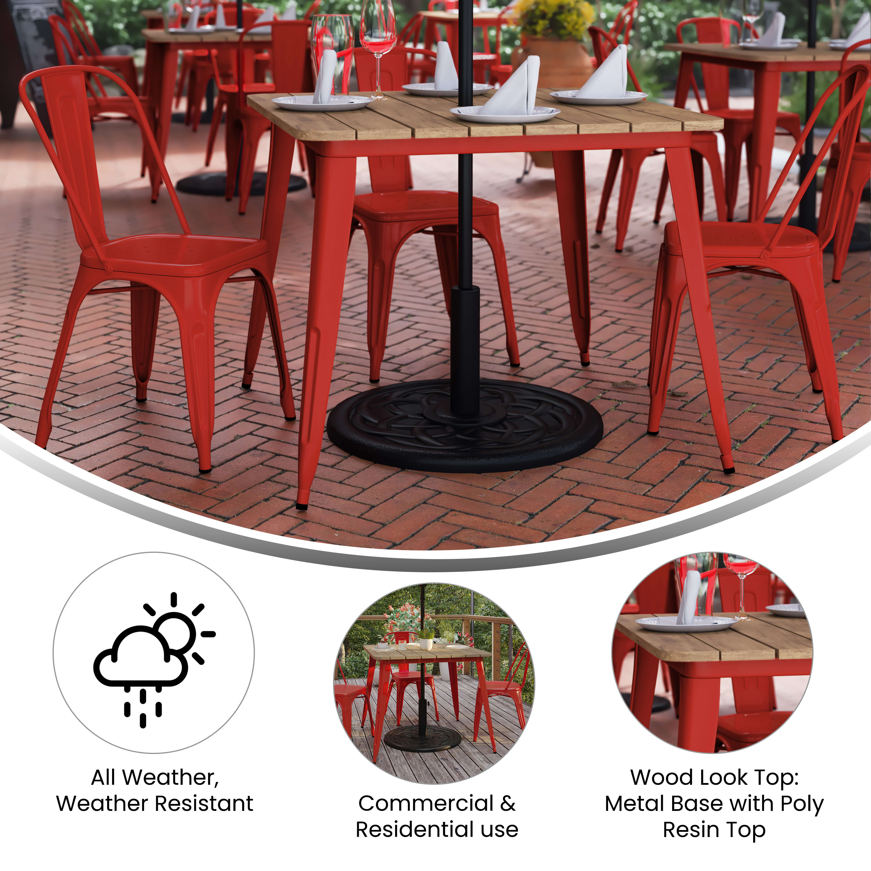 Outdoor table with umbrella hole and chairs clearance