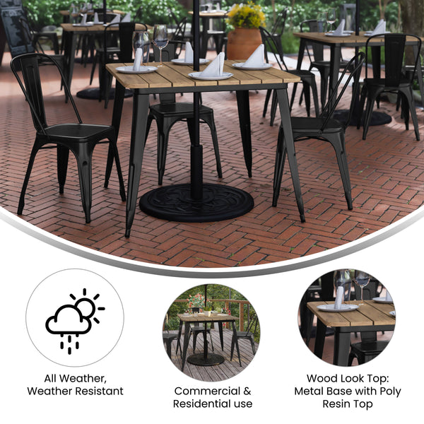 commercial patio table with umbrella Flash Furniture Declan Commercial Indoor & Outdoor Dining Table with Umbrella Hole 36 in. Square All Weather Black Poly Resin Top & Black Steel Base
